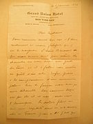 Lettre manuscrite avec en-tête d'un hôtel américain.