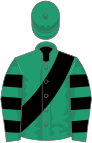 EMERALD GREEN, black sash, hooped sleeves, emerald green cap