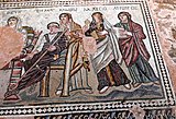 Late second-century AD Greek mosaic from the House of Theseus at Paphos Archaeological Park on Cyprus showing the three Moirai: Klotho, Lachesis, and Atropos, standing behind Peleus and Thetis, the parents of Achilles.
