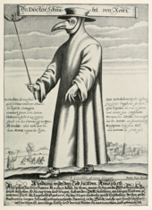 Copper engraving of a plague doctor from the 17th century. This is one of the most well-known representations in art of the bubonic plague Paul Furst, Der Doctor Schnabel von Rom (Hollander version).png