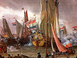 Russian flag (lower right) on the Practice battle on the river IJ in honour of Peter I, September 1697. Painting by Abraham Storck, 1700 Practice fight of the Dutch Fleet in the honour of Tzar Peter the Great, 1 Sept 1697 by Abrakham Storck (fragment 1).JPG