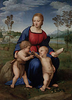 Woman in Medieval dress with two small children and a goldfinch