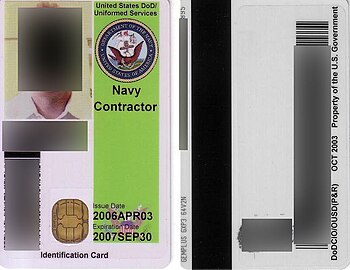 A Common Access Card, with personal data redacted.