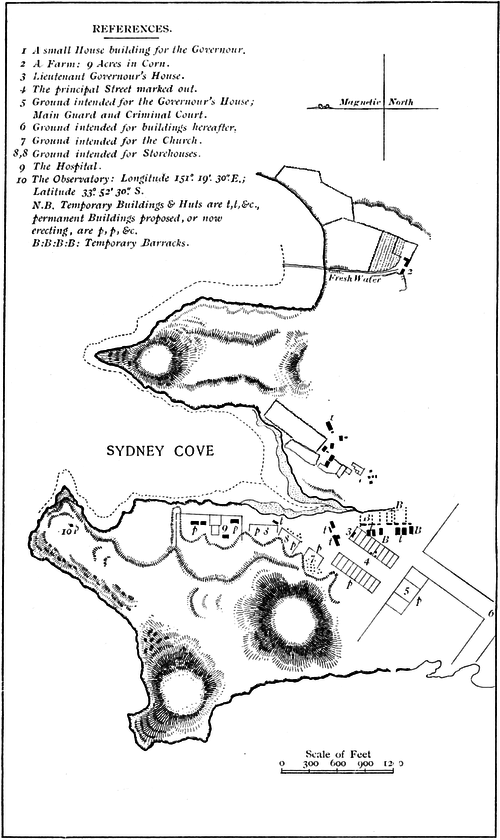 alt= REFERENCES. 1 A small House building for the Governour. 2 A Farm: 9 Acres in Corn. 3 Lieutenant Governour's House. 4 The principal Street marked out. 5 Ground intended for the Governour's Hon. Main Guard and Criminal Court. 6 Ground intended for buildings hereafter. 7 Ground intended for the Church. 8,8 Ground intended for Storehoses. 9 The Hospital. 10 The Observatory: Longitude 151° 19' 30"E,; Latitude 33° 52' 30"S. N.B. Temporary Buildings & Huts are t,t, &c. permanent Buildings proposed, or now erecting, are p,p, &c. B.B.B.B: Temporary Barracks.