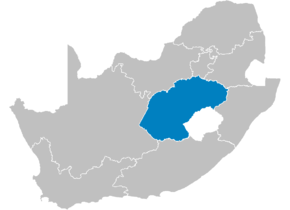 Kart over Freistata (sotho) Vrystaat (afrikaans) iFreyistata (xhosa) Foreistata (setswana) iFuleyisitata (zulu) Free State (engelsk)