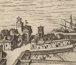 Santa Maria in Turri på Antonio Tempestas vy över Rom från år 1593. Byggnaden till vänster om kyrkan är tullhuset (dogana) vid Ripa Grande.