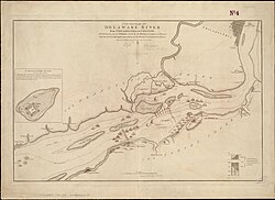 Течение реки Делавэр от Филадельфии до Честера, демонстрирующее несколько сооружений, воздвигнутых повстанцами для защиты ее прохода, с нападениями на них наземных и морских сил Его Величества (5120559789) .jpg
