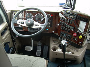 View of a truck's interior dashboard.