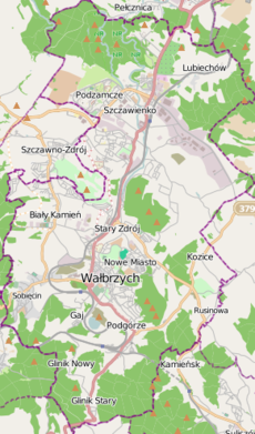 Mapa konturowa Wałbrzycha, w centrum znajduje się punkt z opisem „GWB”, natomiast po lewej znajduje się punkt z opisem „ZAG”
