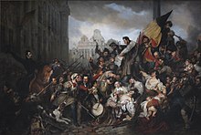Egide Charles Gustave Wappers, Episode of the Belgian Revolution of 1830, 1834, Musee d'Art Ancien, Brussels. A romantic vision by a Belgian painter. Wappers - Episodes from September Days 1830 on the Place de l'Hotel de Ville in Brussels.JPG