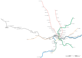 Actual map of the Washington Metro. Map of the network is drawn to scale. Washington DC Metro Map-2023 (To Scale).svg