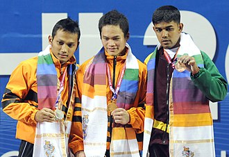 XIX Commonwealth Games-2010 Delhi Winners of 62 Kg Men Weightlifting, Jumitih Arico of Malaysia (Gold), Medal Winner Mahayudin Naharudin of Malaysia (Silver) and Kurukulasooriyage Anton Sudesh Peiris of Sri Lanka (Bronze) XIX Commonwealth Games-2010 Delhi Winners of 62 Kg Men Weightlifting, Jumitih Arico of Malaysia (Gold), Medal Winner Mahayudin Naharudin of Malaysia (Silver) and Kurukulasooriyage Anton Sudesh Peiris of Sri Lanka (Bronze).jpg
