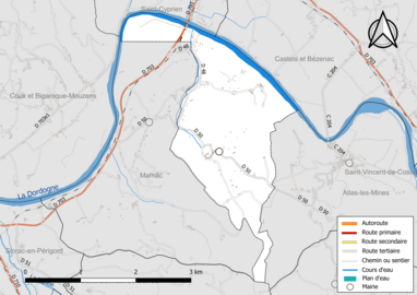 Carte en couleur présentant le réseau hydrographique de la commune