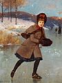 Maleri av Axel Ender (1853–1920) som viser norsk jente med skøyter og vinterdrakt med muffe.