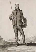 A Hungarian Panzerstecher wearing a mail armour, an iron skull cap with mail aventail and wielding a small shield (c. 1700). His equipment is similar to that of the Polish pancerny.