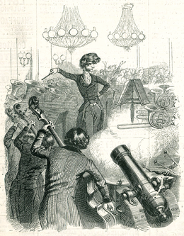 Caricature de Berlioz dirigeant un orchestre où se trouve, parmi les instruments, un canon qui explose