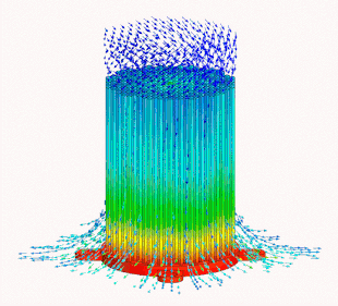 38 mm diameter by 50 mm tall pin fin heat sink with thermal profile and swirling animated forced convection flow trajectories from a vaneaxial fan, predicted using a CFD analysis package CFD Forced Convection Heat Sink v2.gif