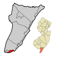 Cape May City highlighted in Cape May County. Inset map: Cape May County highlighted in the State of New Jersey.