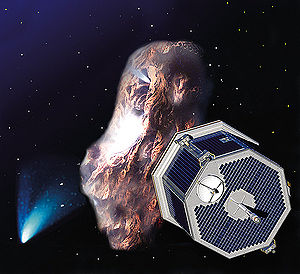 Космический корабль приближается к коме кометы, на заднем плане видна другая комета.