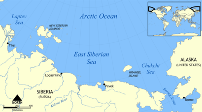 Карта с изображением Восточно-Сибирского моря.