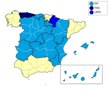 Carte de l'Espagne avec délimitations des communautés autonomes et provinces, et un code couleur pour indiquer le vainqueur de l'élection dans chaque région.