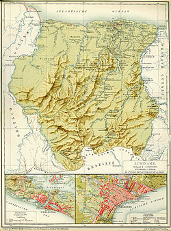Suriname (circa 1914) in the Encyclopedia of the Dutch West Indies, by Surinamese cartographer Herman Benjamins and Dutch ethnographer Johannes Snelleman. Encyclopaedie van Nederlandsch West-Indie-Surinam north-Benj004ency01ill stitched.jpg