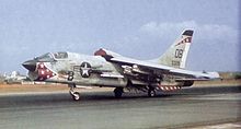 An F-8E of VMF(AW)-235 at Da Nang, in April 1966 showing the Infrared search and track (IRST) sensor in front of the canopy. F-8E VMFAW-235 DaNang Apr1966.jpg