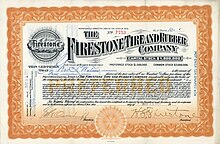 Uprzywilejowana akcja spółki Firestone Tire and Rubber Company w wysokości 10 udziałów po 100 USD każdy, wyemitowana 15 maja 1911 r. w Akron w stanie Ohio, podpisana przez Harveya S. Firestone'a jako prezesa