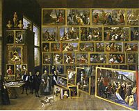 ダフィット・テニールス『ブリュッセルの画廊における大公レオポルト・ヴィルヘルム』1651年 ペトワース・ハウス（英語版）所蔵。