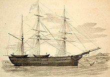 Black-hulled two-masted steam-and-sail ship emerging from a harbour, with low hills in the background