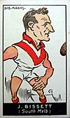 1933 Carreras Tobacco Company Football Series Bob Miram's Caricatures cigarette card featuring South Melbourne player Jack Bissett.
