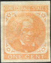 Faded stamp image of Calhoun, saying 'Confederate states One Cent'.