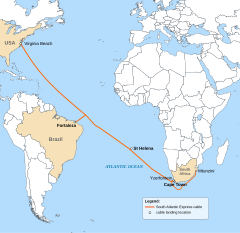 Route of the SAex submarine cable as planned in 2017[2]