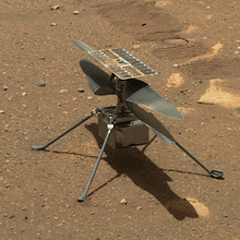 Ingenuity helicopter as viewed from the Perseverance rover on sol 46 after its deployment on the Martian surface by Perseverance Mars helicopter on sol 46.png