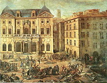 gravure en couleurs représentant une scène de désolation devant l'hôtel de ville de Marseille en 1720