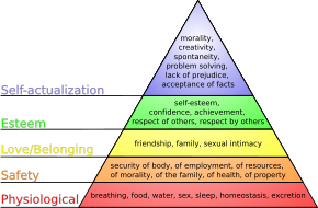A rainbow coloured pyramid illustrating Maslow's Hierarchy of Needs. From bottom to top it reads, "physiological, safety, love/belonging, esteem, self-actualization."
