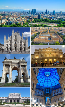 Clockwise from top: Porta Nuova; Sforza Castle; La Scala; Galleria Vittorio Emanuele II; Milano Centrale railway station; Arch of Peace; and Milan Cathedral