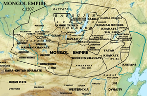 몽골 초원 통일 직후인 1207년경의 지도. 타타르 연맹은 남동쪽 구석에 해당한다.