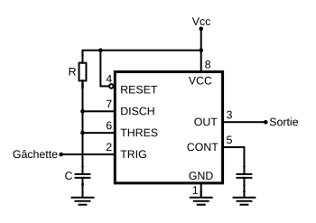 Diagramme schématique du NE555 en configuration monostable non redéclenchable