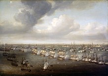 British and Danish navies in the line of battle at the Battle of Copenhagen (1801) Nicholas Pocock - The Battle of Copenhagen, 2 April 1801.jpg