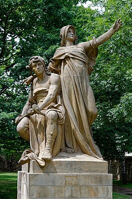 Скульптура «Либуше и Пржемысл» авторства Й. Мысльбека, находится в парке Вышеград