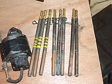 An array of World War 2 pencil detonators displayed at the Museum of the British Resistance Organisation at the Parham Airfield Museum, 2007 Parham airfield, Museum of the British Resistance Organisation - timer pencils.jpg