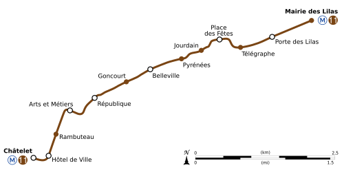 Geographically accurate route of Métro Line 11.