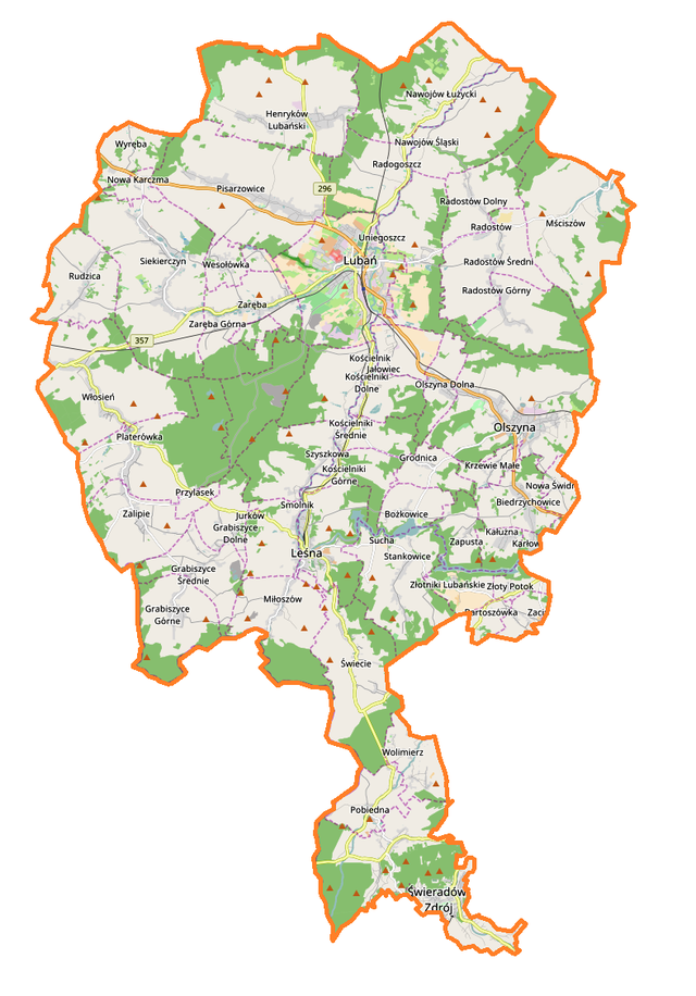 Mapa konturowa powiatu lubańskiego, w centrum znajduje się punkt z opisem „Leśna”