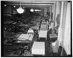 Scene at the Government Printing Office where 3,000,000 unemployment census questionnaires are being printed daily in 1937