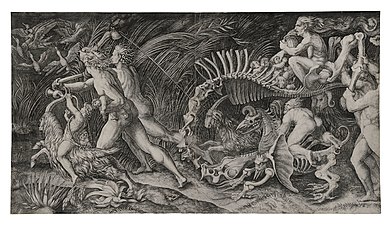 Marcantonio Raimondi, d'après Girolamo Genga, Sur le chemin du Sabbat (vers 1520), gravure au burin.