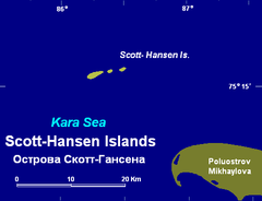 Mapa Scott-Hansenových ostrovů v Karském moři