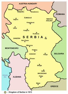 Division of Kosovo vilayet between the Kingdom of Serbia (yellow) and the Kingdom of Montenegro (green) following the Balkan Wars 1913. Serbia1913.png