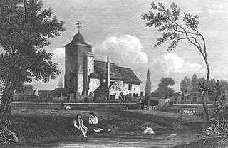  Gravure en noir et blanc montrant une église en arrière-plan, avec une rivière qui coule au premier plan. Deux personnes sont assises sur la rive, et une autre est en train de nager. Des arbres encadrent l'image.