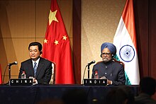 The Prime Minister of India, Dr. Manmohan Singh and the President of China, Hu Jintao during G-8 Summit, at Sapporo, Japan on 8 July 2008 The Prime Minister, Dr. Manmohan Singh and the President of China, Mr. Hu Jintao in a press conference held by the leaders of five Outreach Countries (O5) during G-8 Summit, at Sapporo, Japan on July 08, 2008.jpg